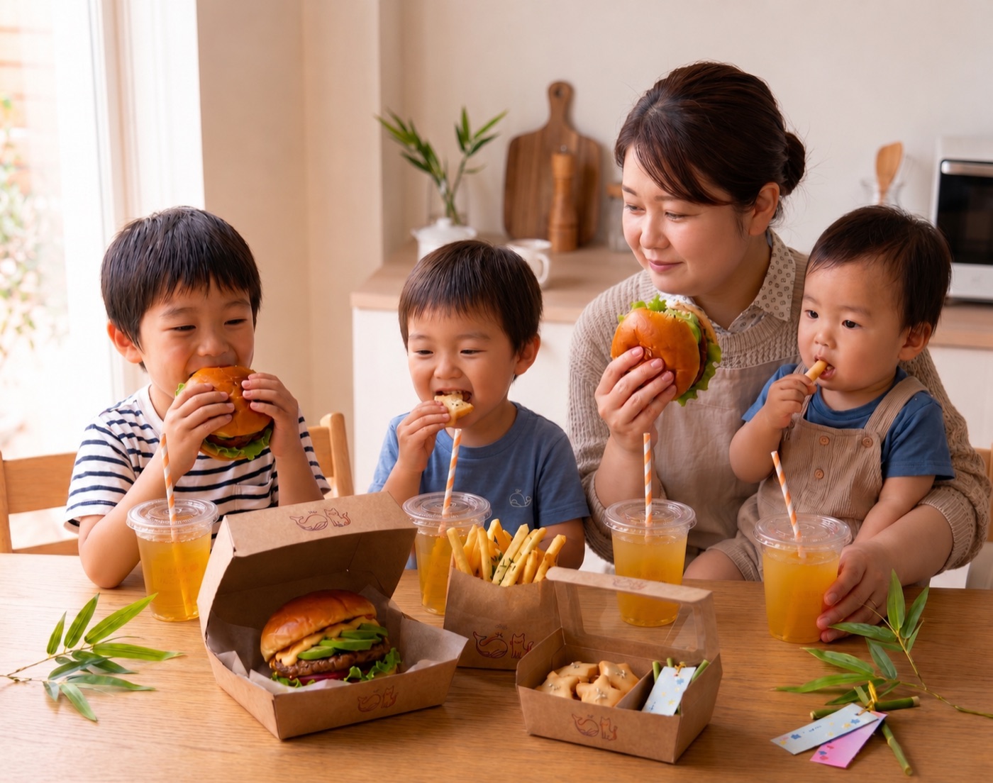 おうちのテーブルでハンバーガーを食べる家族
